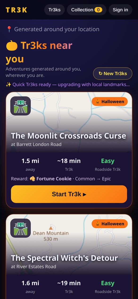 Tr3ks near you screen with generated adventure cards